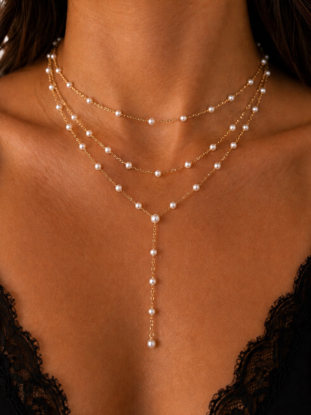 Gold Filled 3 Layered Fresh Water Pearl Y Drop Necklace - Women Jewelry
